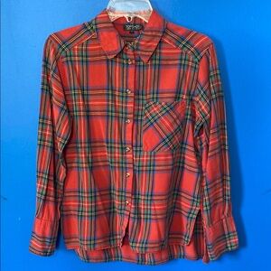 TOPSHOP Women’s Red Plaid Cotton Flannel Button Blouse Sz 6